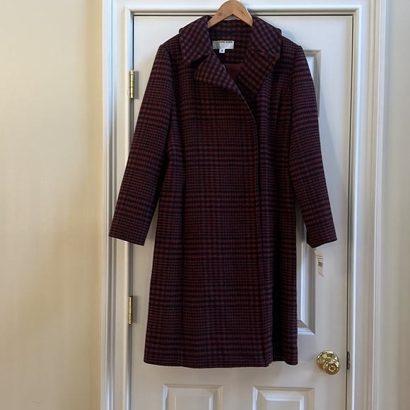 Anne Klein Plaid Wool Wrap Coat in Umber Navy Sz10 - Picture 3 of 7